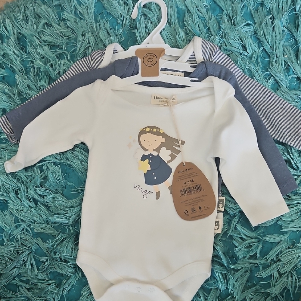 nwt 3 organic cotton rabbit bear Virgo angel onsies 0-3 months